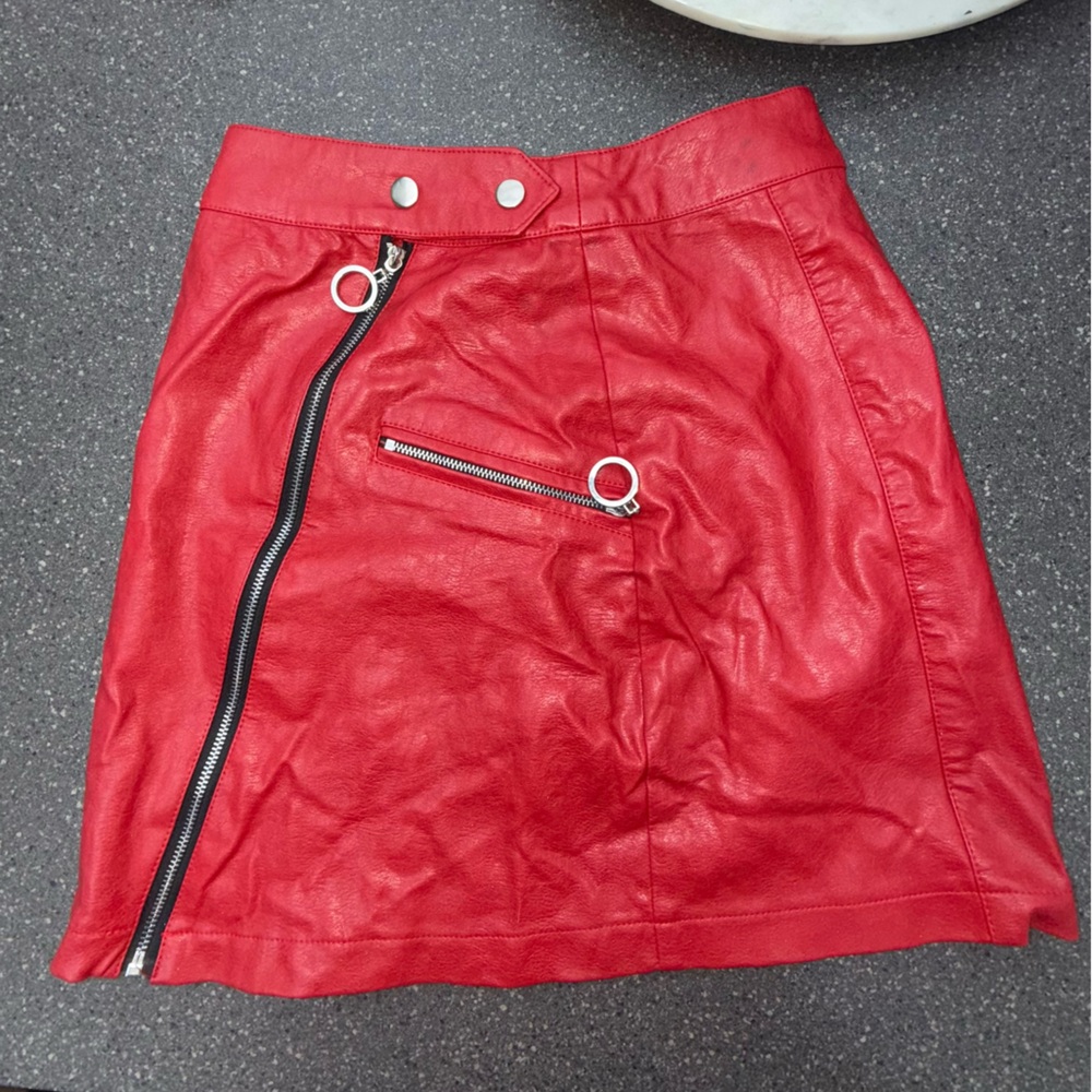 XS Hot Red Leather Mini Skirt with Zipper Detail